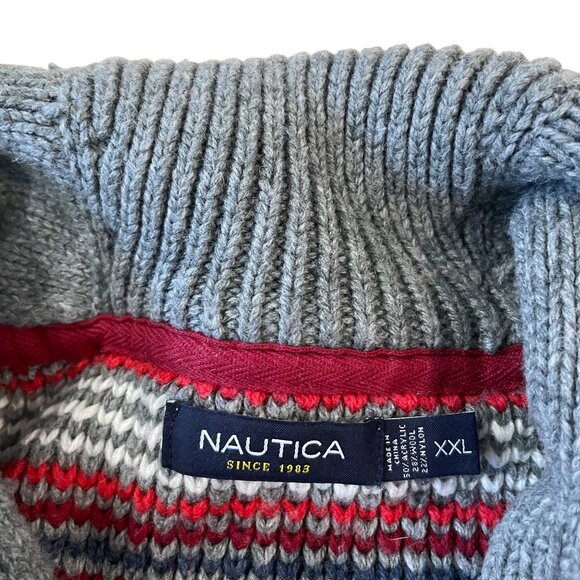 Nautica Nordic Style Sweater Mens Size XXL Shawl Collar Tuck Stitch Knit Gray - Picture 2 of 5